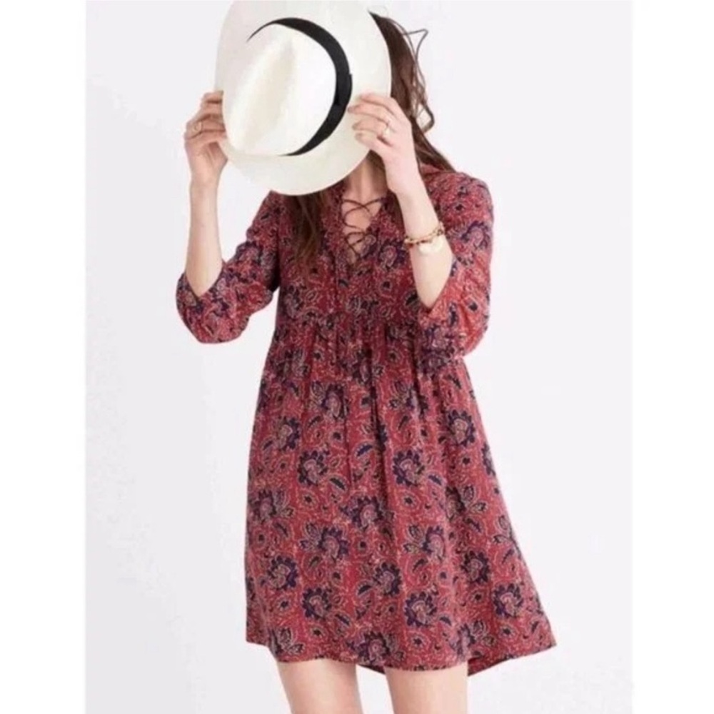 Madewell Dress Womens Silk Boho Front Lace-Up 3/4 Sleeve Feminine Flowy